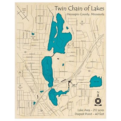 Bathymetric topo map of Twin Chain of Lakes with roads, towns and depths noted in blue water