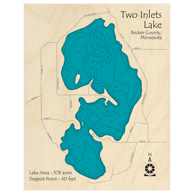 Bathymetric topo map of Two Inlets Lake with roads, towns and depths noted in blue water