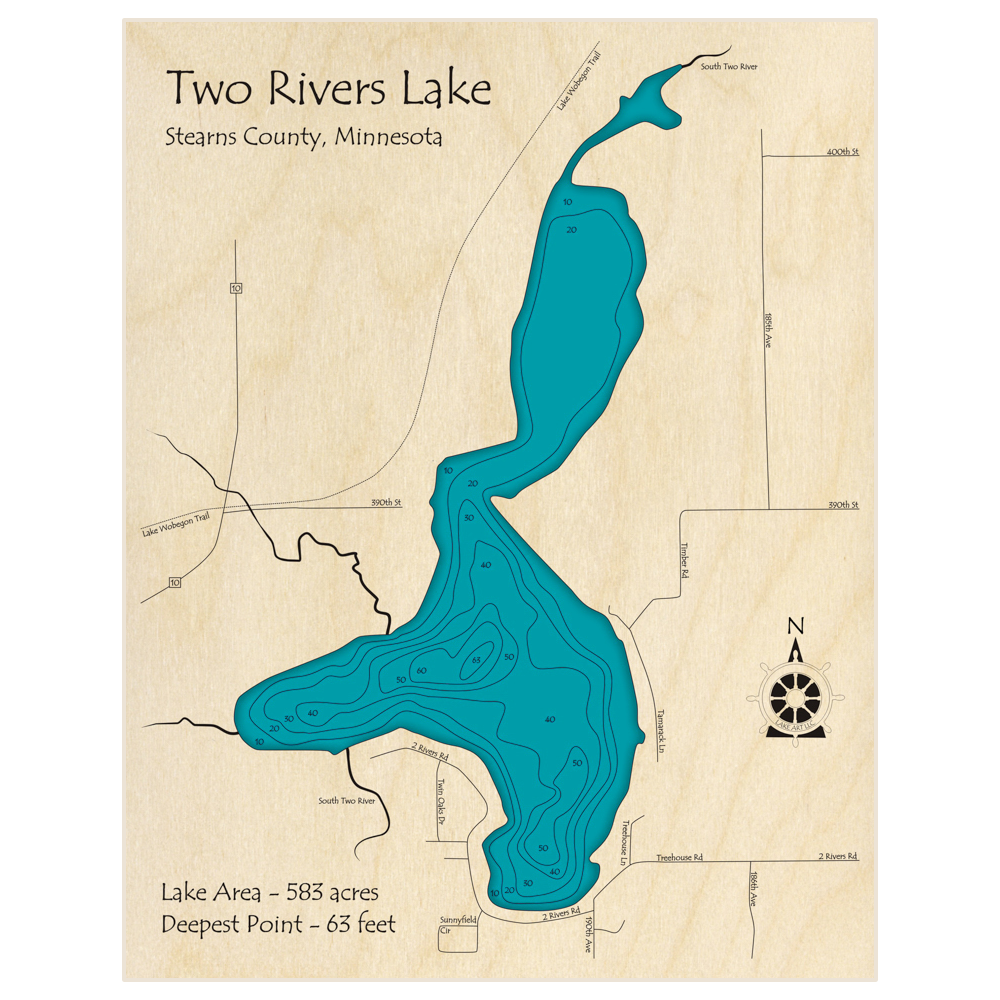 Bathymetric topo map of Two Rivers Lake with roads, towns and depths noted in blue water