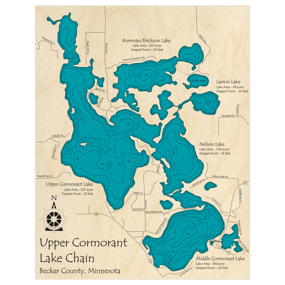 Upper Cormorant Lake Chain 3D Custom Wood Map Lake Art LLC