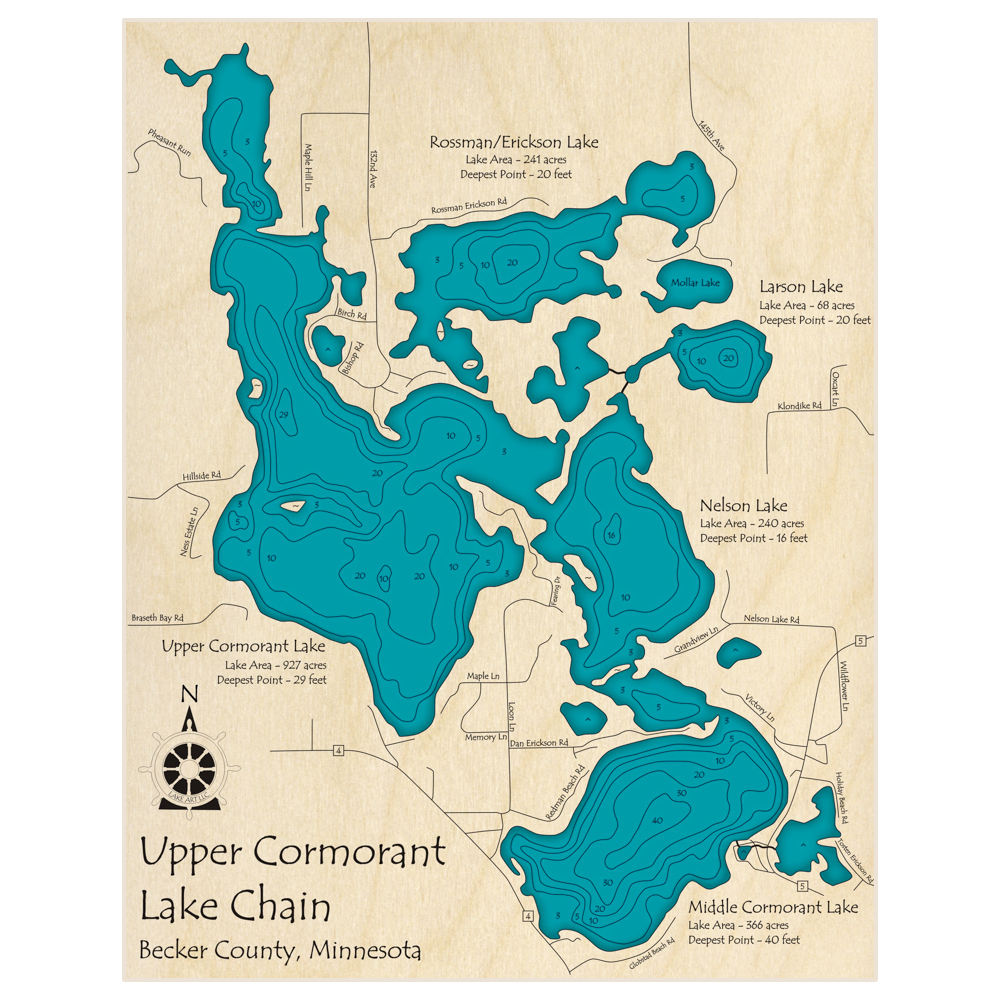 Bathymetric topo map of Upper Cormorant Lake Chain (with Rossman Larson and Nelson Lakes) with roads, towns and depths noted in blue water