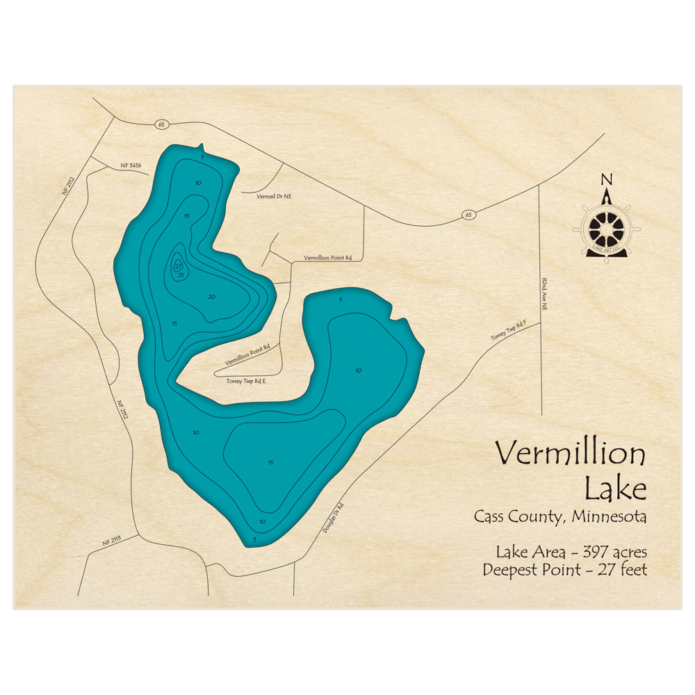 Bathymetric topo map of Vermillion Lake with roads, towns and depths noted in blue water