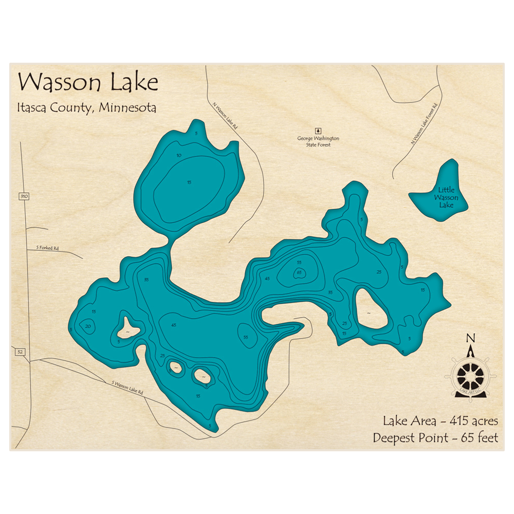 Bathymetric topo map of Wasson Lake with roads, towns and depths noted in blue water