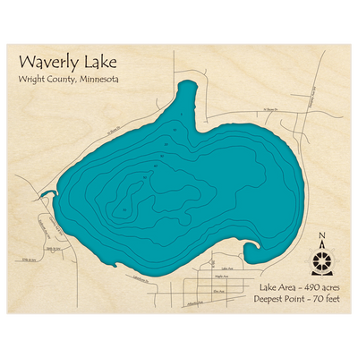 Bathymetric topo map of Waverly Lake with roads, towns and depths noted in blue water