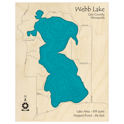 Bathymetric topo map of Webb Lake with roads, towns and depths noted in blue water