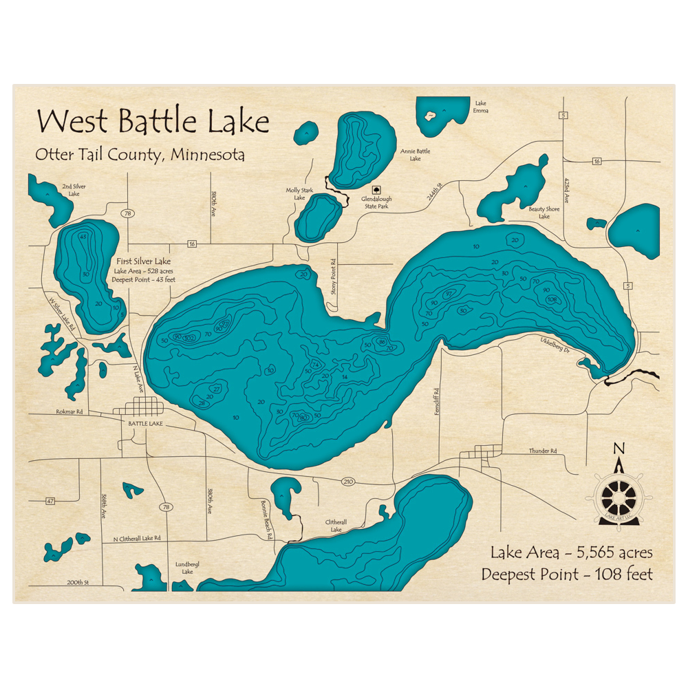 Bathymetric topo map of Battle Lake (West) with roads, towns and depths noted in blue water