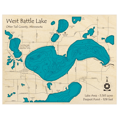 Bathymetric topo map of Battle Lake (West) with roads, towns and depths noted in blue water