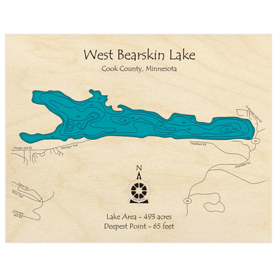 Bathymetric topo map of West Bearskin Lake with roads, towns and depths noted in blue water