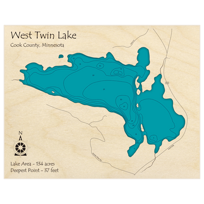 Bathymetric topo map of West Twin Lake with roads, towns and depths noted in blue water