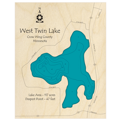 Bathymetric topo map of Twin Lake (West) near Hwy 371 and Nisswa with roads, towns and depths noted in blue water