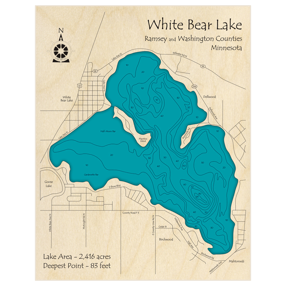 Bathymetric topo map of White Bear Lake with roads, towns and depths noted in blue water