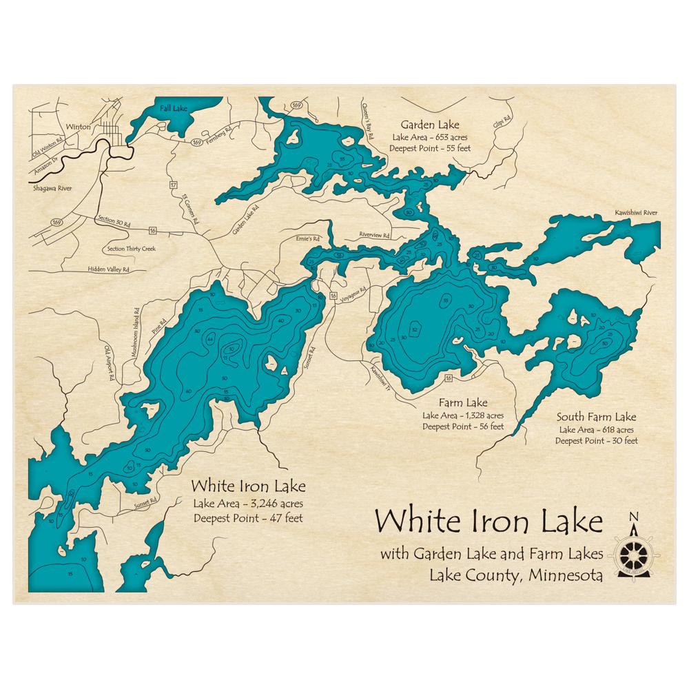 Bathymetric topo map of Northeastern part of White Iron Lake with Farm Lakes and Garden Lake with roads, towns and depths noted in blue water