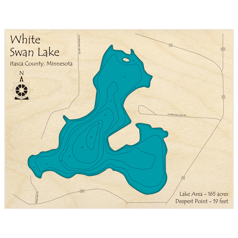 Bathymetric topo map of White Swan Lake with roads, towns and depths noted in blue water