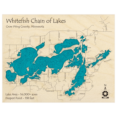 Bathymetric topo map of Whitefish Chain of Lakes with roads, towns and depths noted in blue water