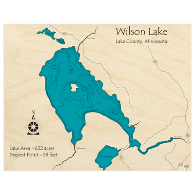 Bathymetric topo map of Wilson Lake with roads, towns and depths noted in blue water