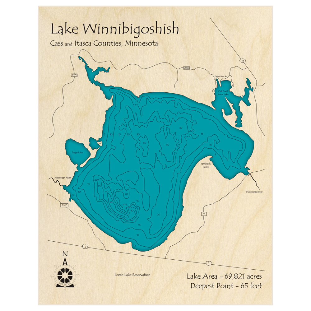 Bathymetric topo map of Lake Winnibigoshish with roads, towns and depths noted in blue water