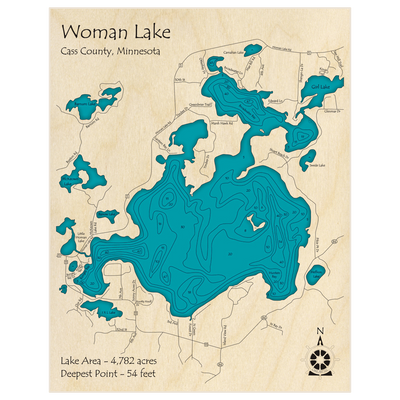 Bathymetric topo map of Woman Lake with roads, towns and depths noted in blue water