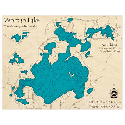 Bathymetric topo map of Woman Lake with Girl Lake with roads, towns and depths noted in blue water