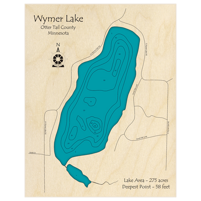 Bathymetric topo map of Wymer Lake with roads, towns and depths noted in blue water