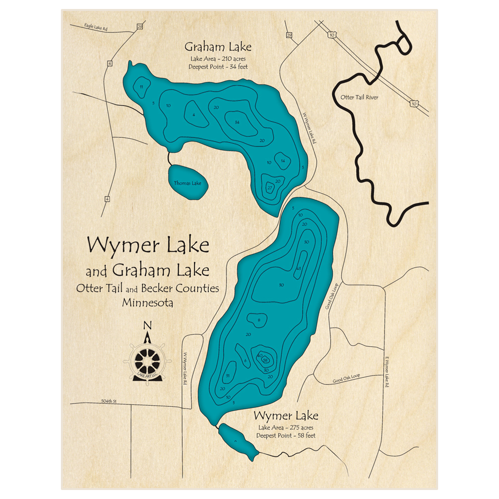 Bathymetric topo map of Wymer Lake with Graham Lake with roads, towns and depths noted in blue water