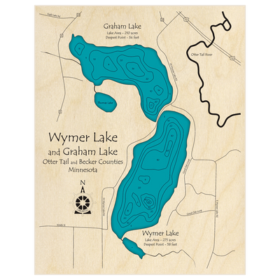 Bathymetric topo map of Wymer Lake with Graham Lake with roads, towns and depths noted in blue water