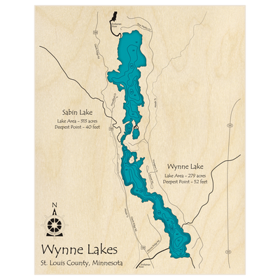 Bathymetric topo map of Wynne Lake (With North Wynne Lake) with roads, towns and depths noted in blue water