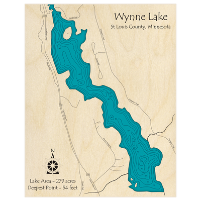 Bathymetric topo map of Wynne Lake (Southern Section Only) with roads, towns and depths noted in blue water