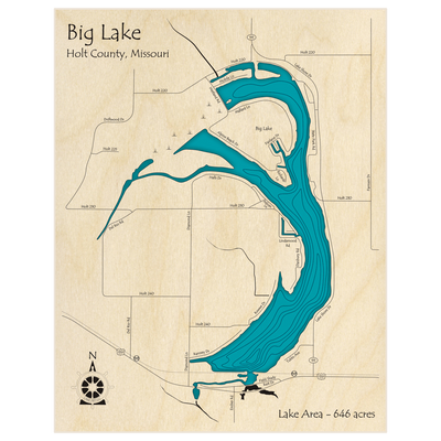Bathymetric topo map of Big Lake  with roads, towns and depths noted in blue water