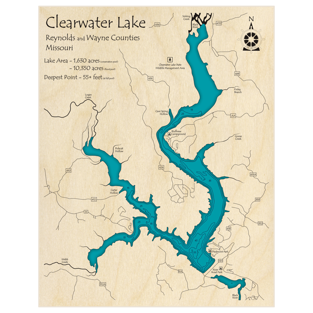 Bathymetric topo map of Clearwater Lake with roads, towns and depths noted in blue water