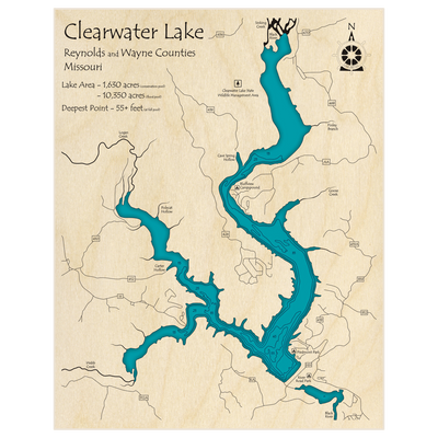 Bathymetric topo map of Clearwater Lake with roads, towns and depths noted in blue water