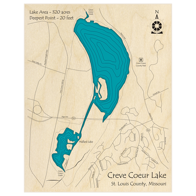 Bathymetric topo map of Creve Coeur Lake  with roads, towns and depths noted in blue water