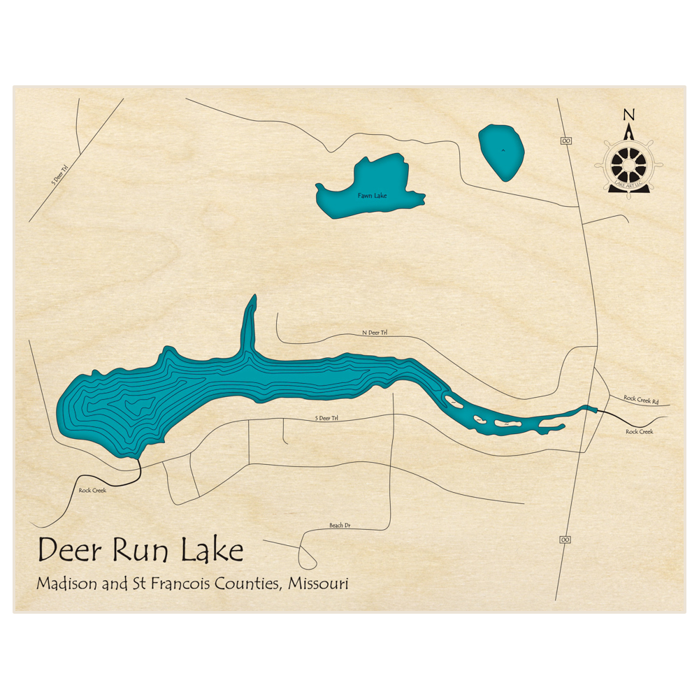 Bathymetric topo map of Deer Run Lake  with roads, towns and depths noted in blue water