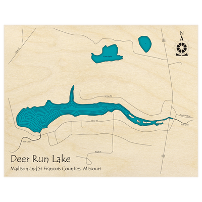 Bathymetric topo map of Deer Run Lake  with roads, towns and depths noted in blue water