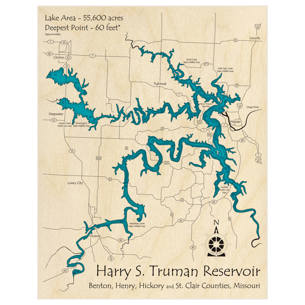Bathymetric topo map of Harry S Truman Reservoir with roads, towns and depths noted in blue water
