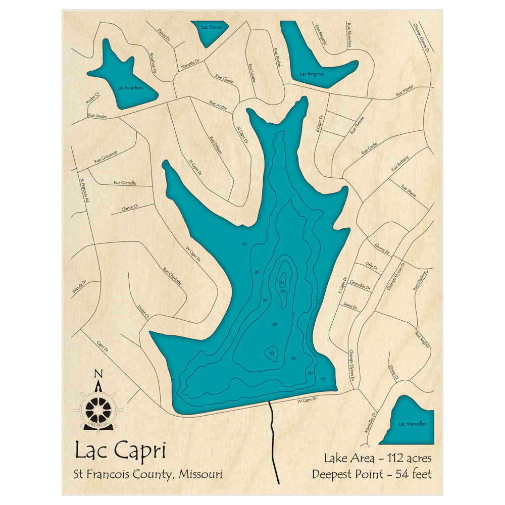 Bathymetric topo map of Lac Capri with roads, towns and depths noted in blue water