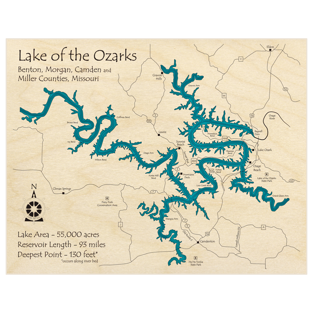Lake of the Ozarks 3D Custom Wood Map Lake Art LLC