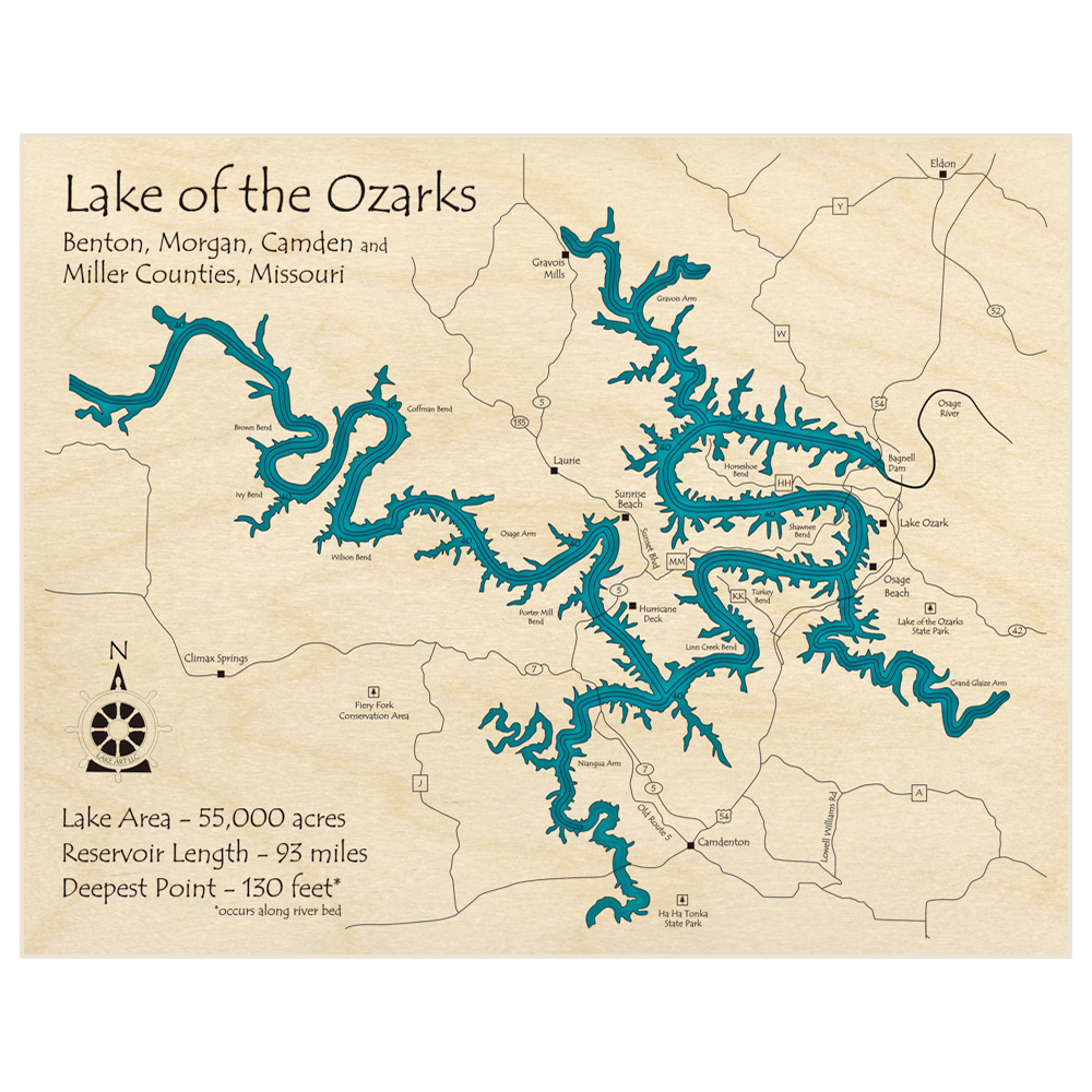 Bathymetric topo map of Lake of the Ozarks with roads, towns and depths noted in blue water