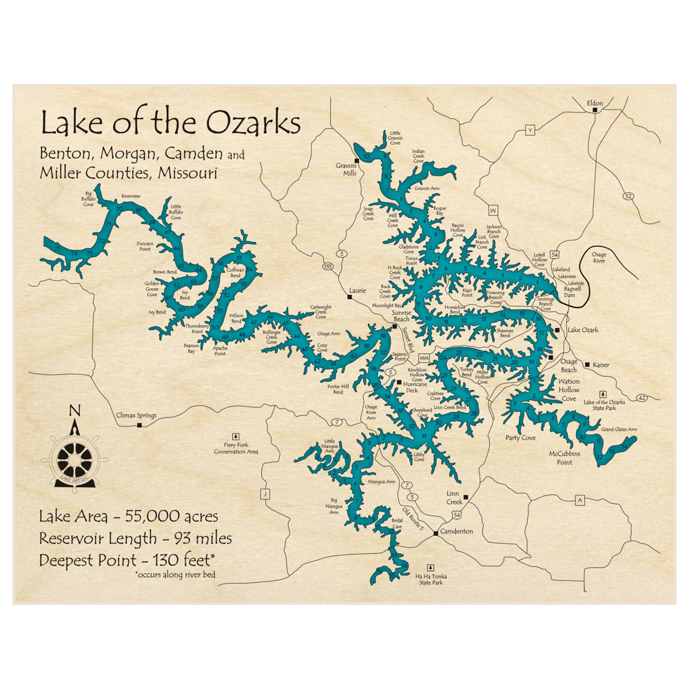 Bathymetric topo map of Lake of the Ozarks Mile Marker Version (SINGLE LEVEL ONLY) with roads, towns and depths noted in blue water