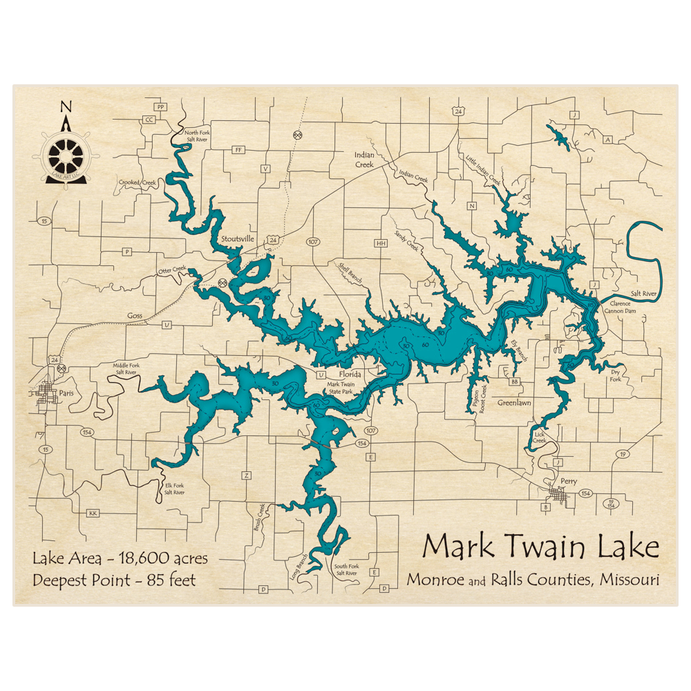 Bathymetric topo map of Mark Twain Lake with roads, towns and depths noted in blue water