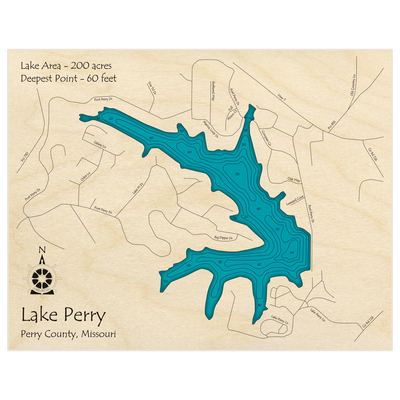 Bathymetric topo map of Lake Perry with roads, towns and depths noted in blue water