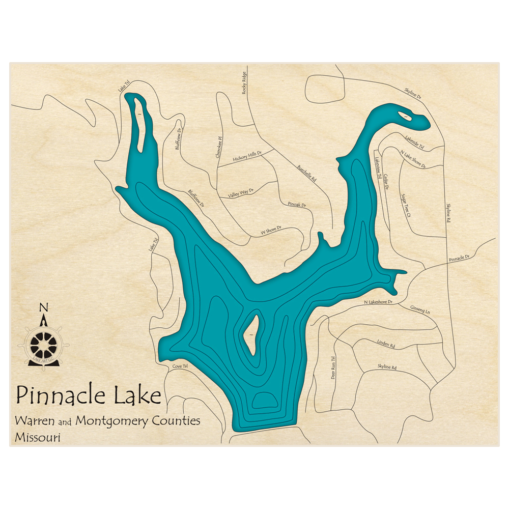 Bathymetric topo map of Pinnacle Lake  with roads, towns and depths noted in blue water