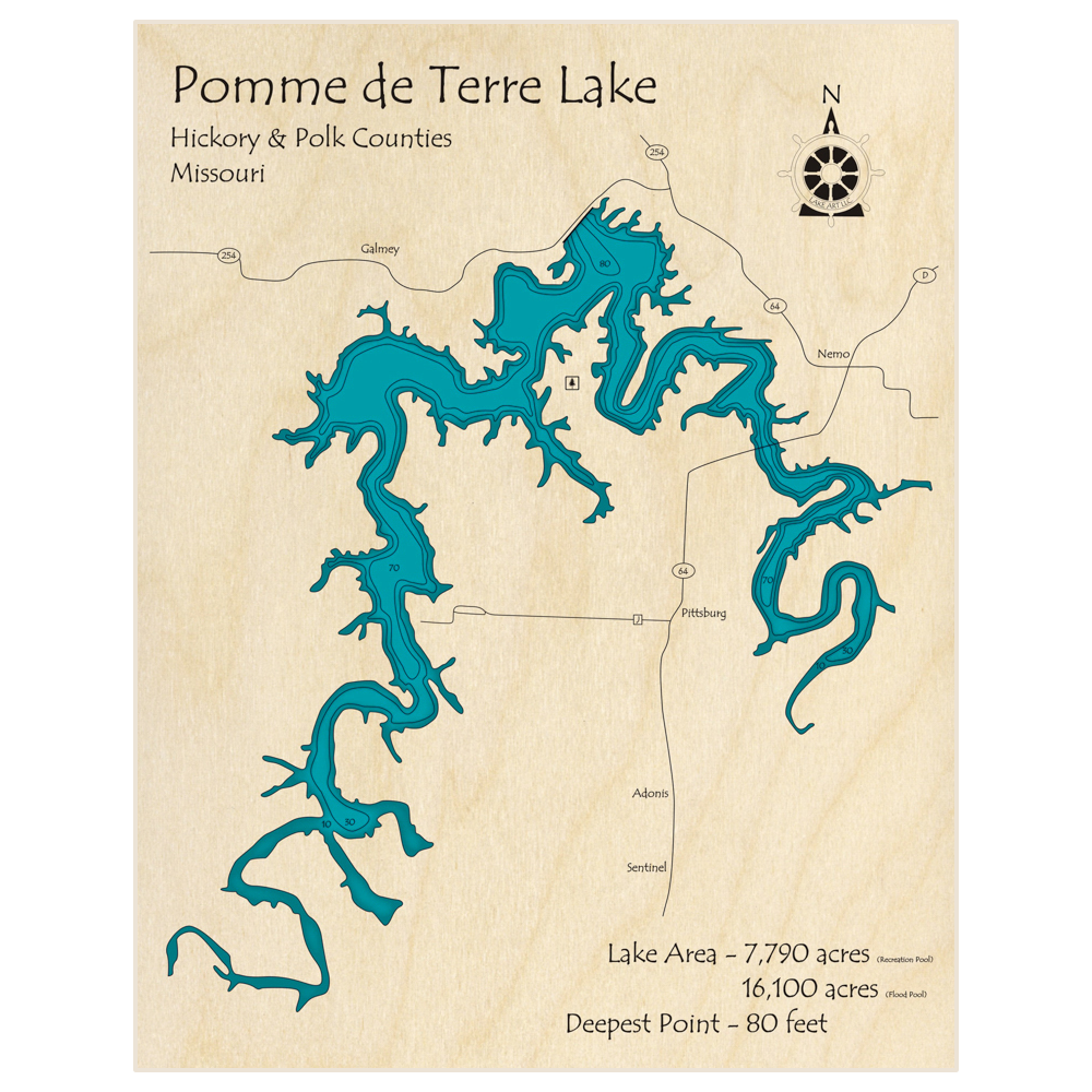Bathymetric topo map of Pomme de Terre Lake with roads, towns and depths noted in blue water