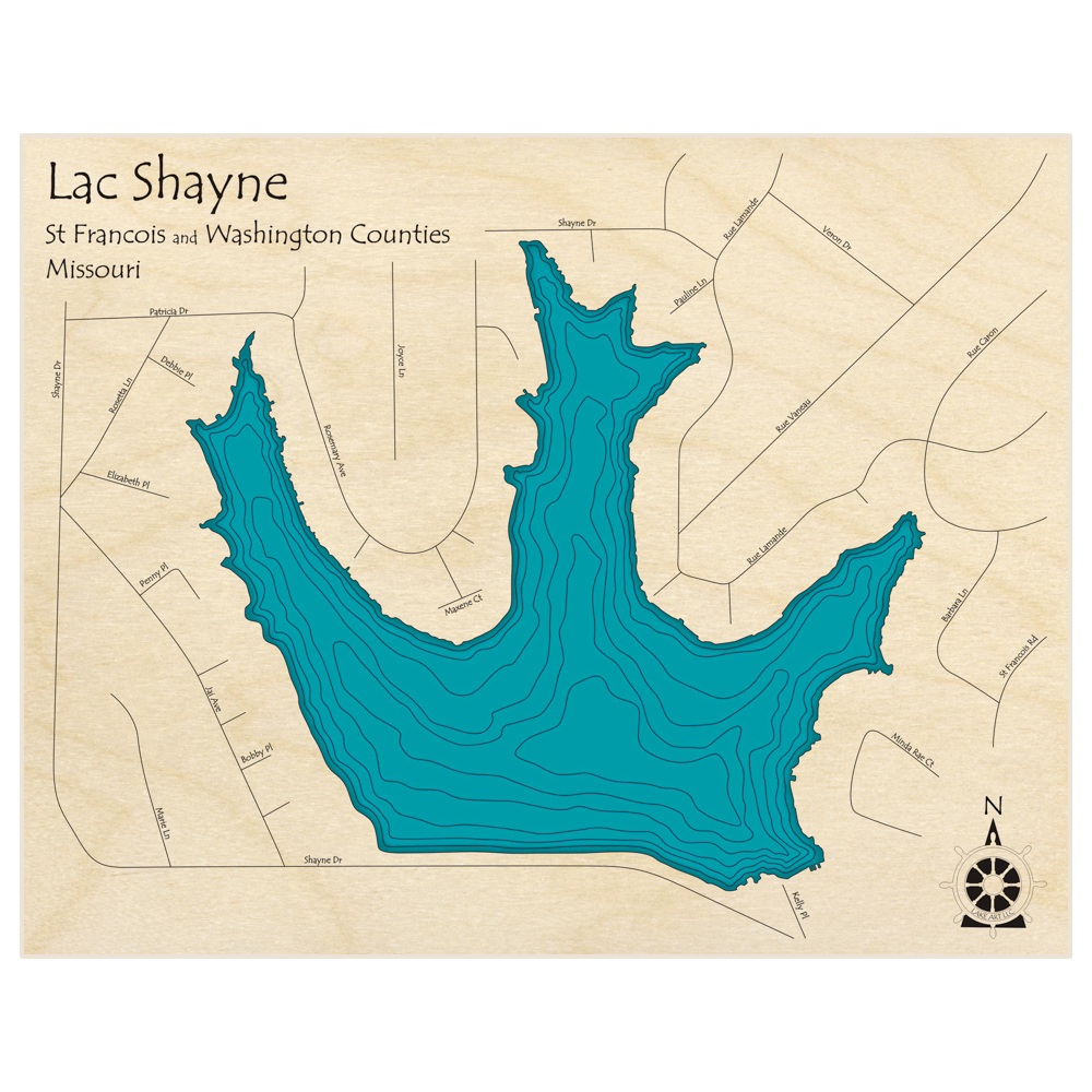 Bathymetric topo map of Shayne Lake  with roads, towns and depths noted in blue water