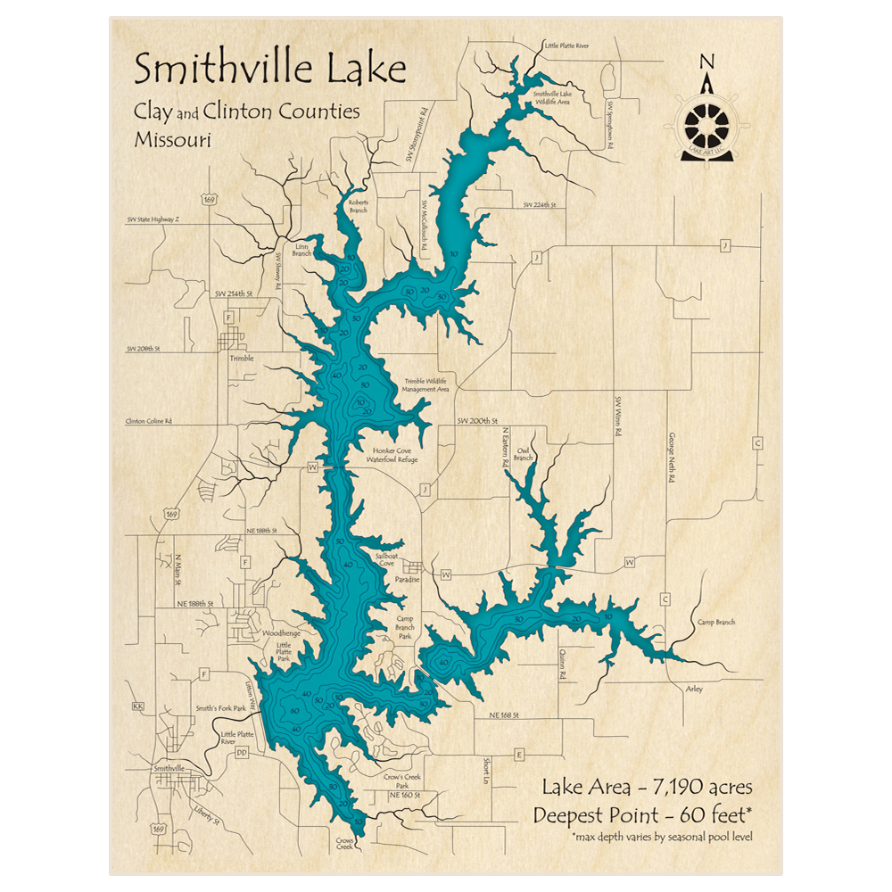 Bathymetric topo map of Smithville Lake with roads, towns and depths noted in blue water