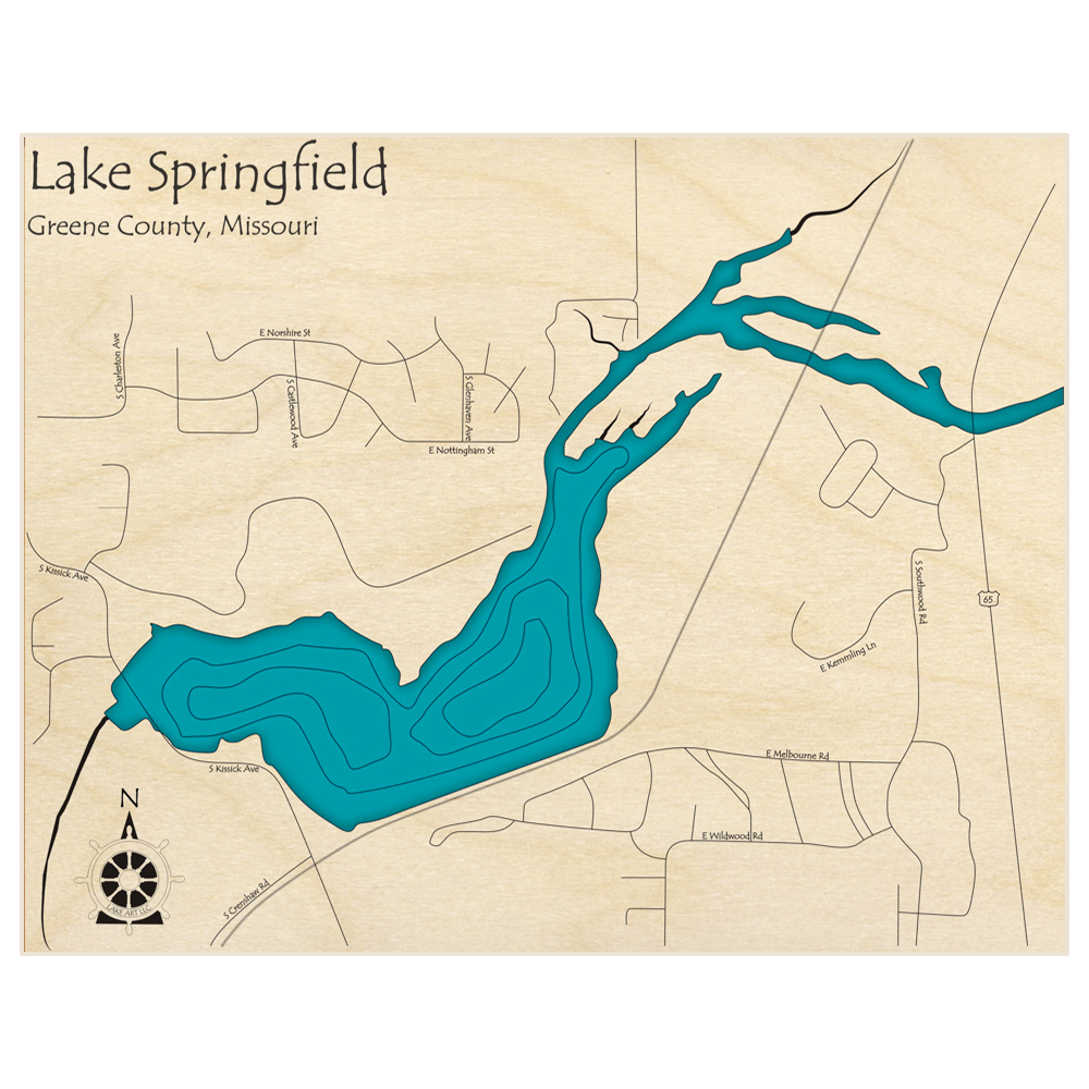 Bathymetric topo map of Lake Springfield  with roads, towns and depths noted in blue water
