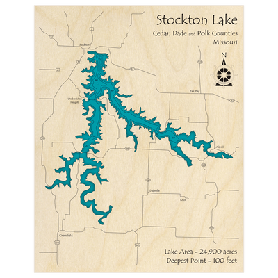 Bathymetric topo map of Stockton Lake with roads, towns and depths noted in blue water
