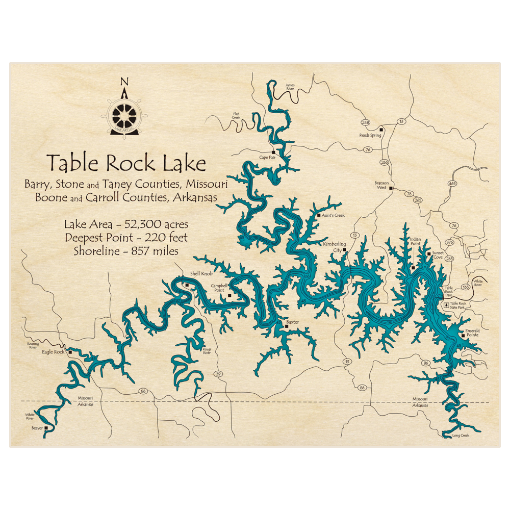 Bathymetric topo map of Table Rock Lake with roads, towns and depths noted in blue water