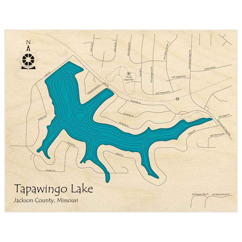 Bathymetric topo map of Tapawingo Lake  with roads, towns and depths noted in blue water