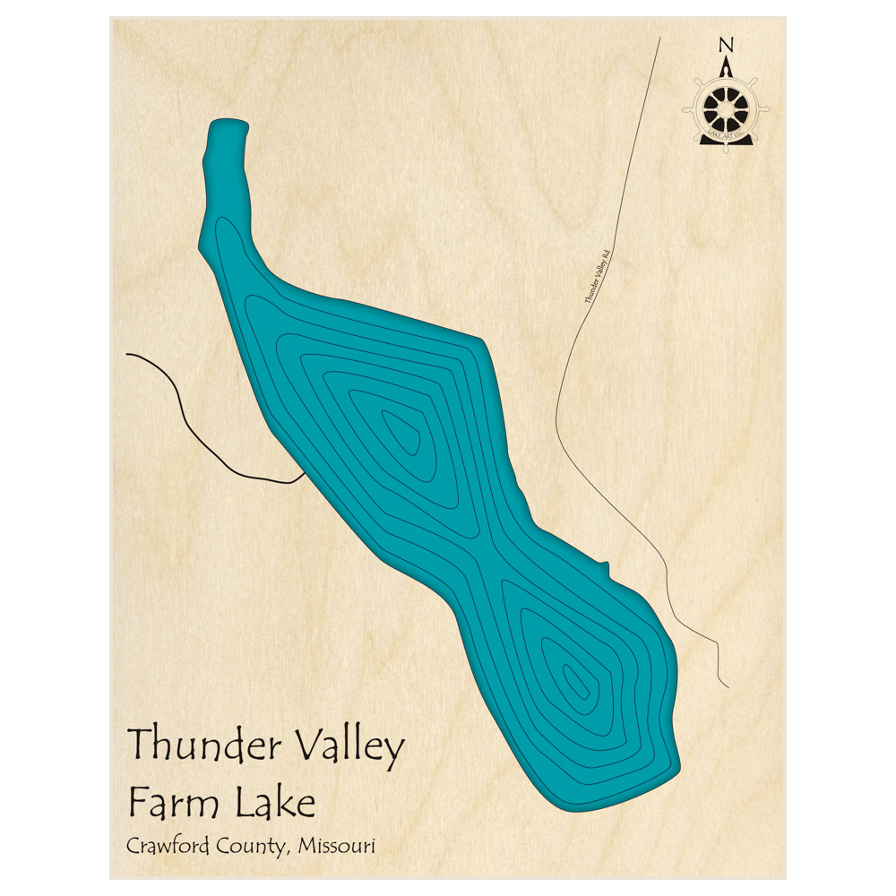 Bathymetric topo map of Thunder Valley Farm Lake with roads, towns and depths noted in blue water