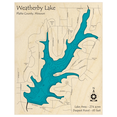 Bathymetric topo map of Weatherby Lake with roads, towns and depths noted in blue water